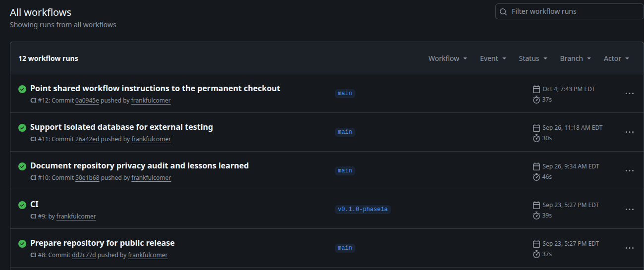 GitHub Actions history for the Job Search Hub application, including a successful run for isolated database support