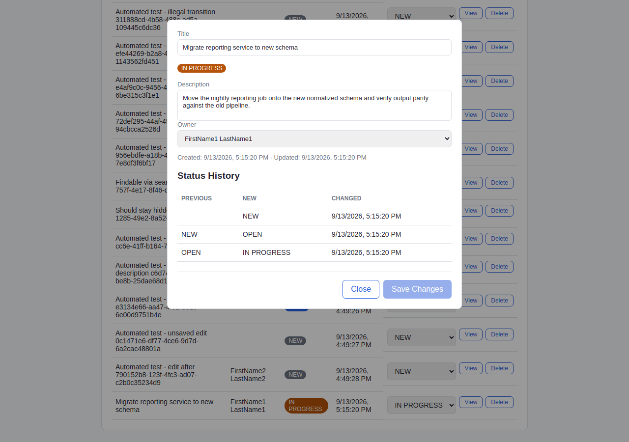 Workflow Tracker application showing work items and a detail view with status history